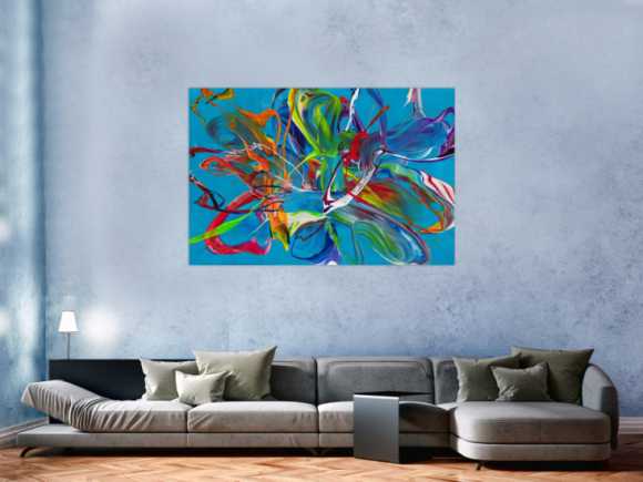 Original Gemälde abstrakt 100x150cm Action Painting Modern Art handgemalt Fluid Painting türkis bunt blau einzigartig