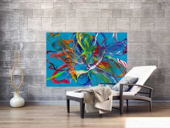 Original Gemälde abstrakt 100x150cm Action Painting Modern Art handgemalt Fluid Painting türkis bunt blau einzigartig