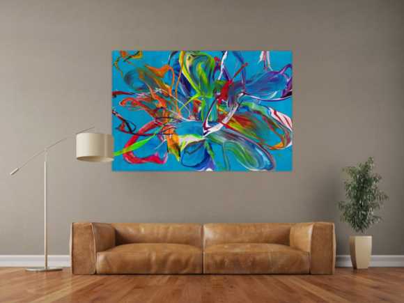 Original Gemälde abstrakt 100x150cm Action Painting Modern Art handgemalt Fluid Painting türkis bunt blau einzigartig