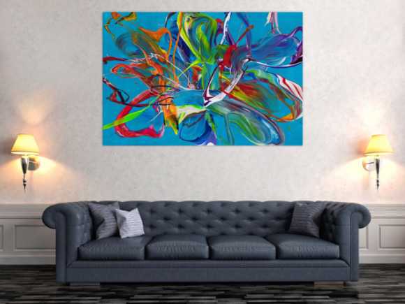 Original Gemälde abstrakt 100x150cm Action Painting Modern Art handgemalt Fluid Painting türkis bunt blau einzigartig
