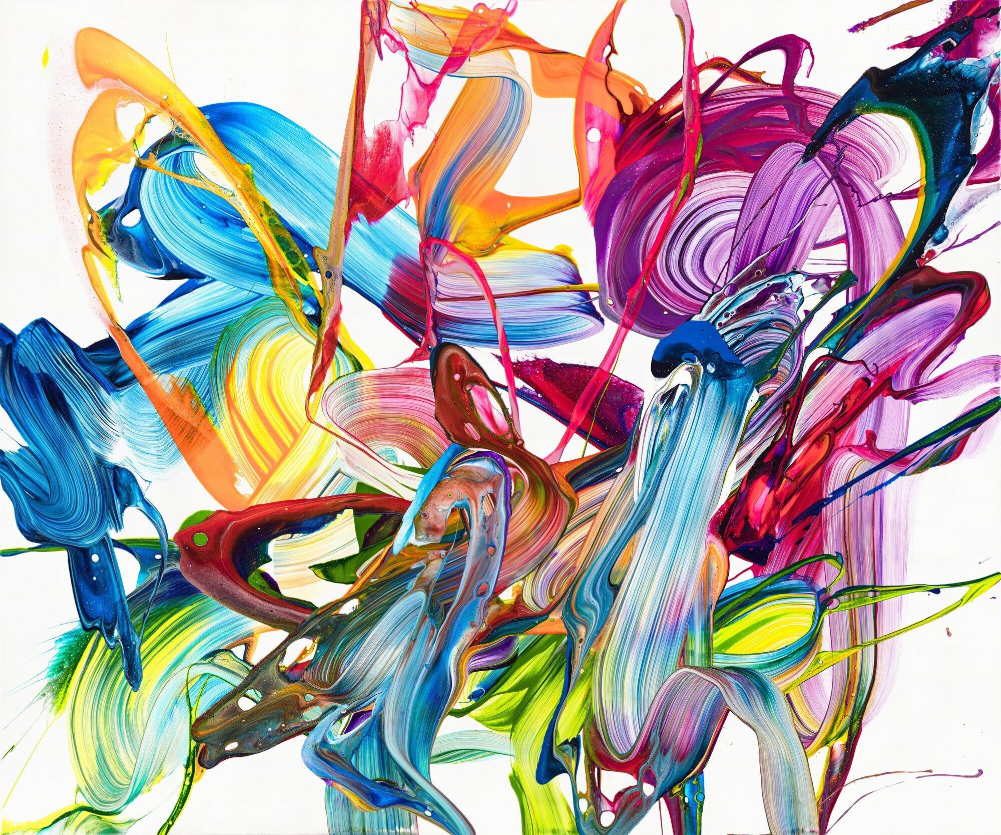 Original Gemälde abstrakt 100x120cm Action Painting Modern Art handgemalt Fluid Painting bunt weiß pink einzigartig