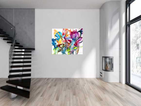 Original Gemälde abstrakt 100x120cm Action Painting Modern Art handgemalt Fluid Painting bunt weiß pink einzigartig