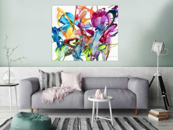 Original Gemälde abstrakt 100x120cm Action Painting Modern Art handgemalt Fluid Painting bunt weiß pink einzigartig