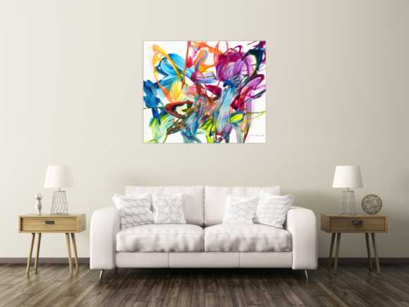 Original Gemälde abstrakt 100x120cm Action Painting Modern Art handgemalt Fluid Painting bunt weiß pink einzigartig