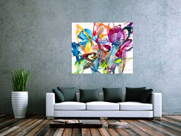 Original Gemälde abstrakt 100x120cm Action Painting Modern Art handgemalt Fluid Painting bunt weiß pink einzigartig