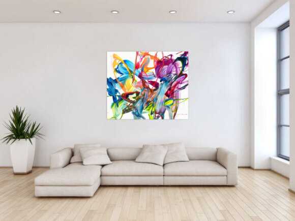 Original Gemälde abstrakt 100x120cm Action Painting Modern Art handgemalt Fluid Painting bunt weiß pink einzigartig