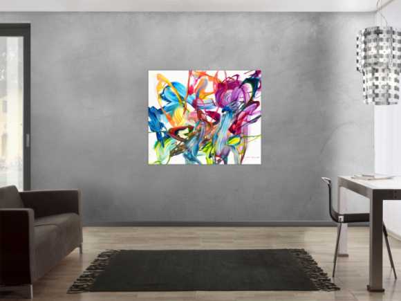 Original Gemälde abstrakt 100x120cm Action Painting Modern Art handgemalt Fluid Painting bunt weiß pink einzigartig