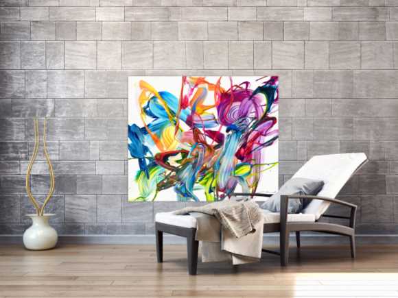 Original Gemälde abstrakt 100x120cm Action Painting Modern Art handgemalt Fluid Painting bunt weiß pink einzigartig