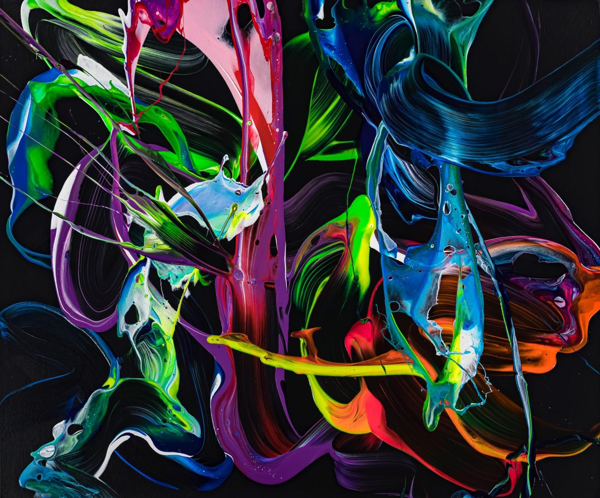 Abstraktes Action Painting 100x120cm - Bunte Splashes auf schwarzem Grund mit bunten Blau-Akzenten
