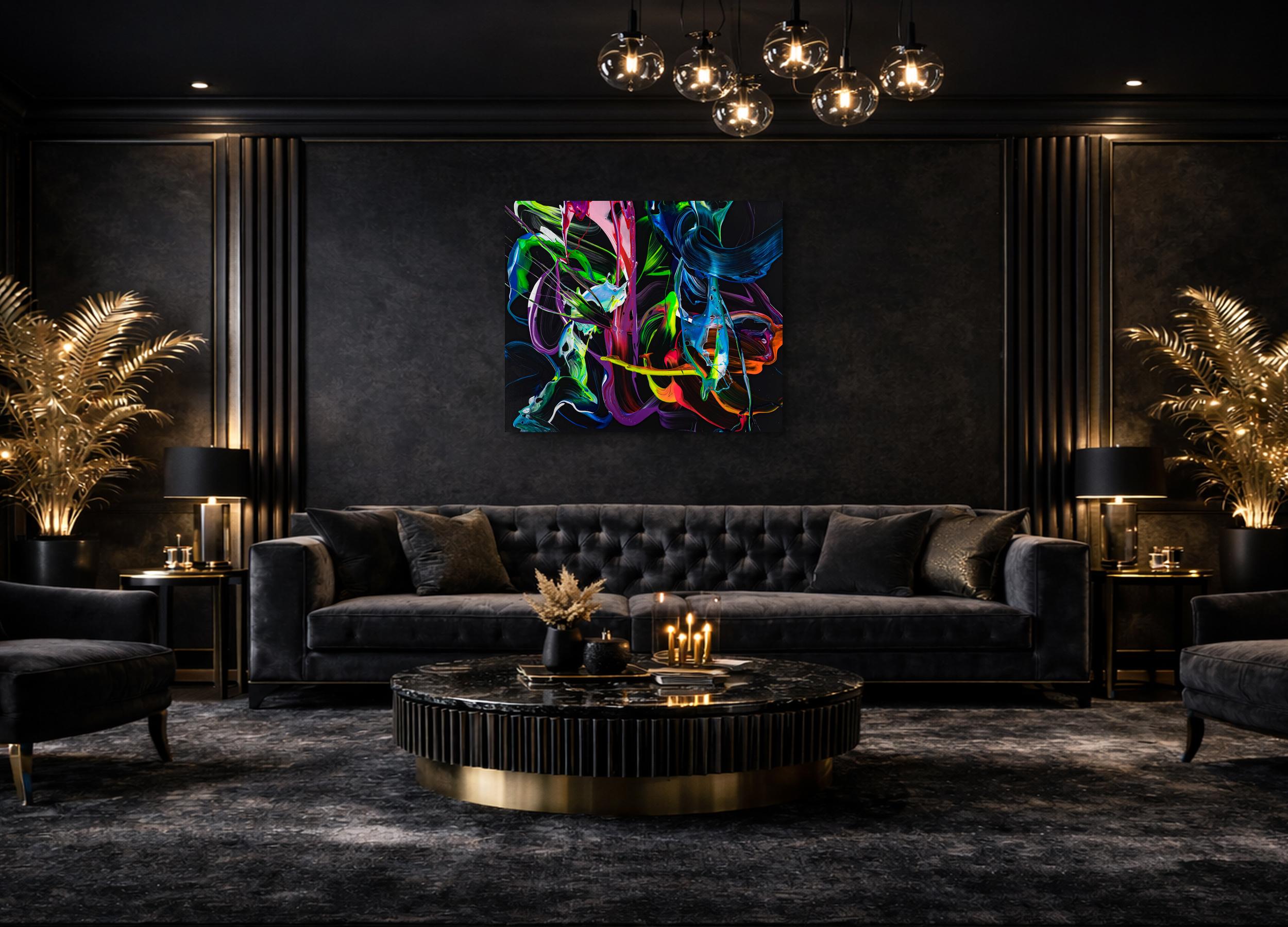 Abstraktes Action Painting 100x120cm - Bunte Splashes auf schwarzem Grund mit bunten Blau-Akzenten