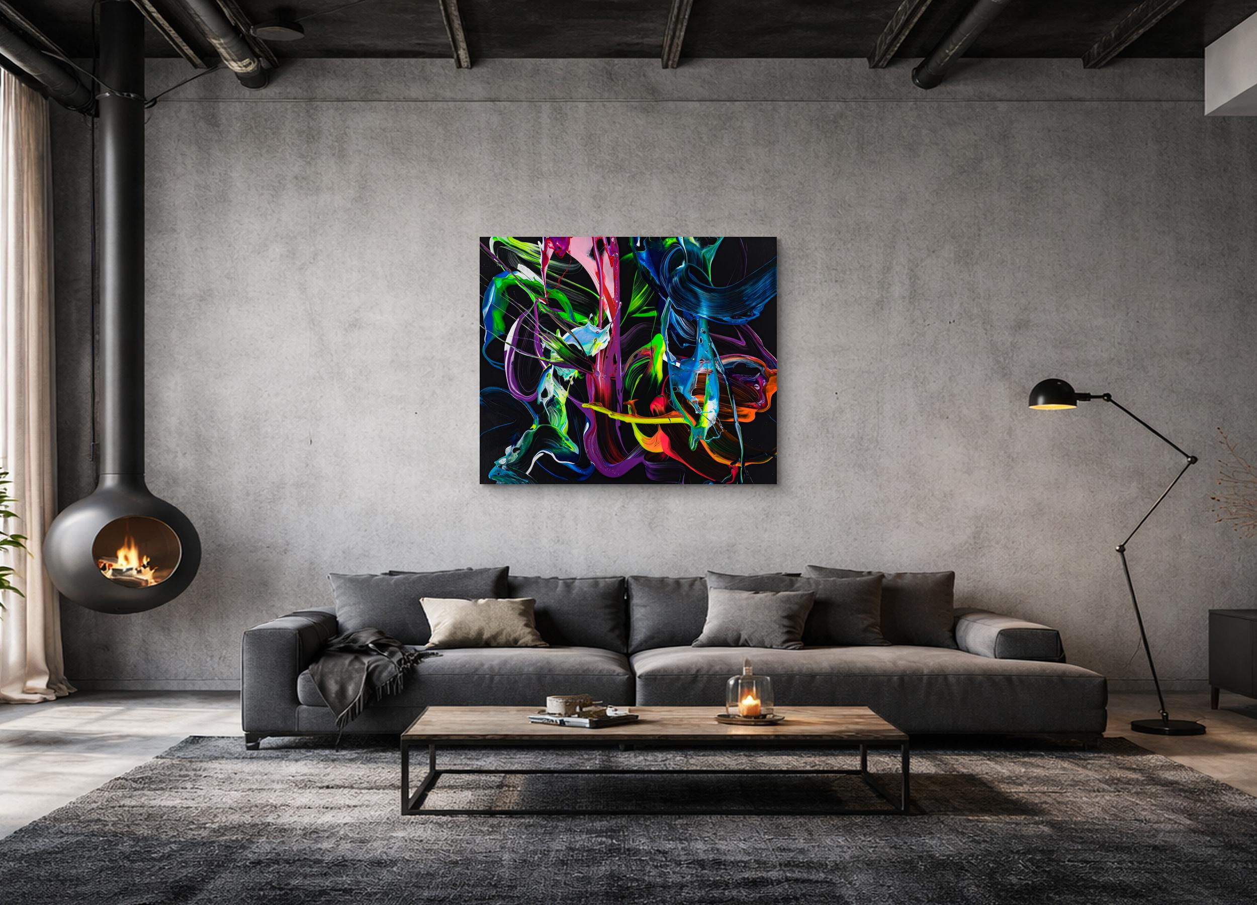 Abstraktes Action Painting 100x120cm - Bunte Splashes auf schwarzem Grund mit bunten Blau-Akzenten