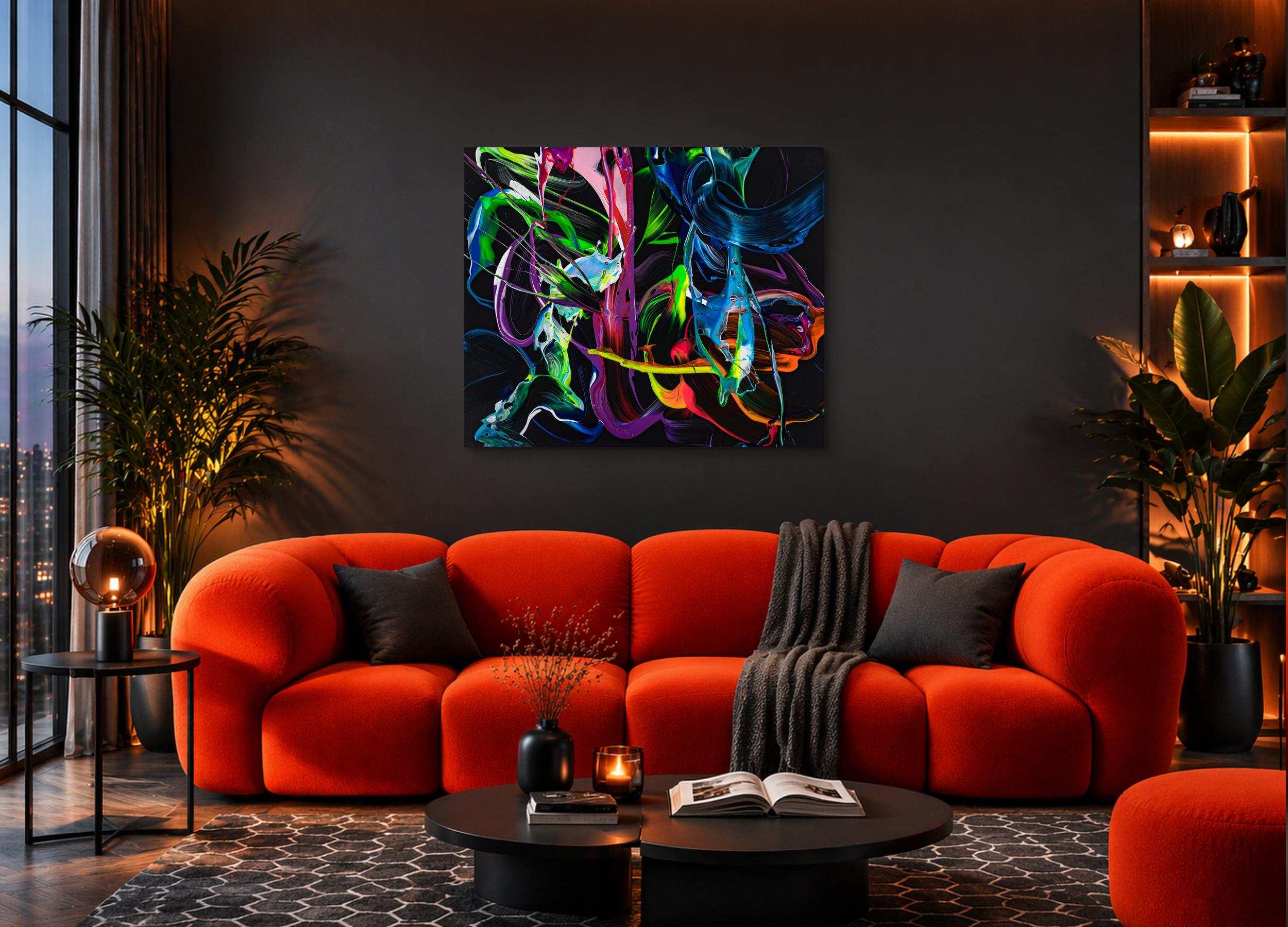 Abstraktes Action Painting 100x120cm - Bunte Splashes auf schwarzem Grund mit bunten Blau-Akzenten