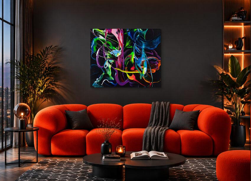 Abstraktes Action Painting 100x120cm - Bunte Splashes auf schwarzem Grund mit bunten Blau-Akzenten