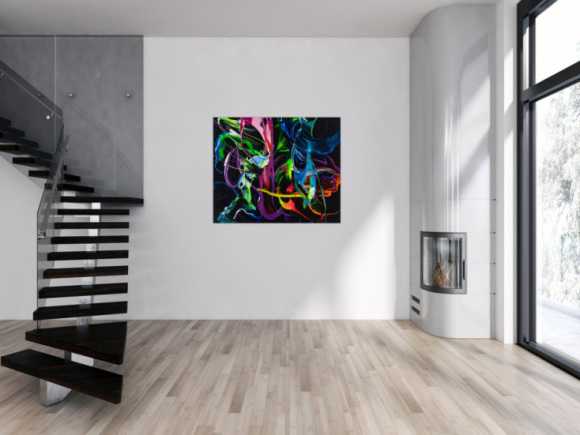 Gemälde Original abstrakt 100x120cm Action Painting Modern Art handgefertigt Fluid Painting schwarz bunt blau Einzelstück