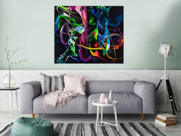 Gemälde Original abstrakt 100x120cm Action Painting Modern Art handgefertigt Fluid Painting schwarz bunt blau Einzelstück