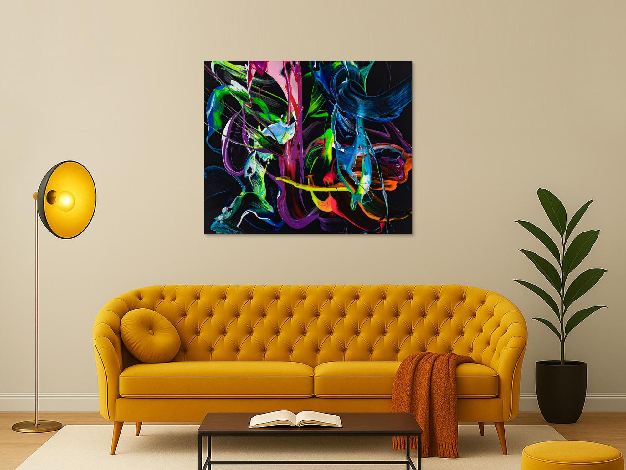 Gemälde Original abstrakt 100x120cm Action Painting Modern Art handgefertigt Fluid Painting schwarz bunt blau Einzelstück