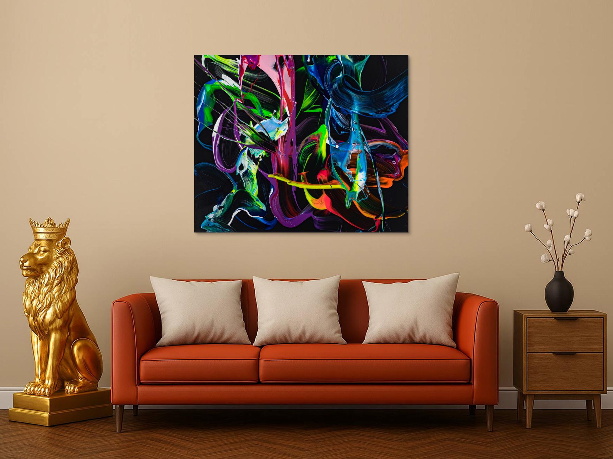 Gemälde Original abstrakt 100x120cm Action Painting Modern Art handgefertigt Fluid Painting schwarz bunt blau Einzelstück