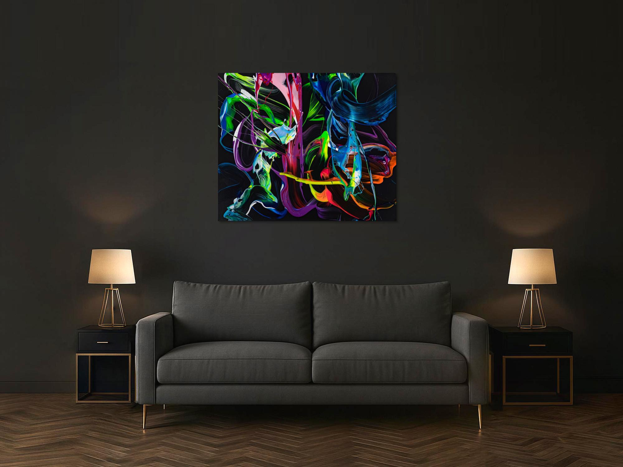 Gemälde Original abstrakt 100x120cm Action Painting Modern Art handgefertigt Fluid Painting schwarz bunt blau Einzelstück