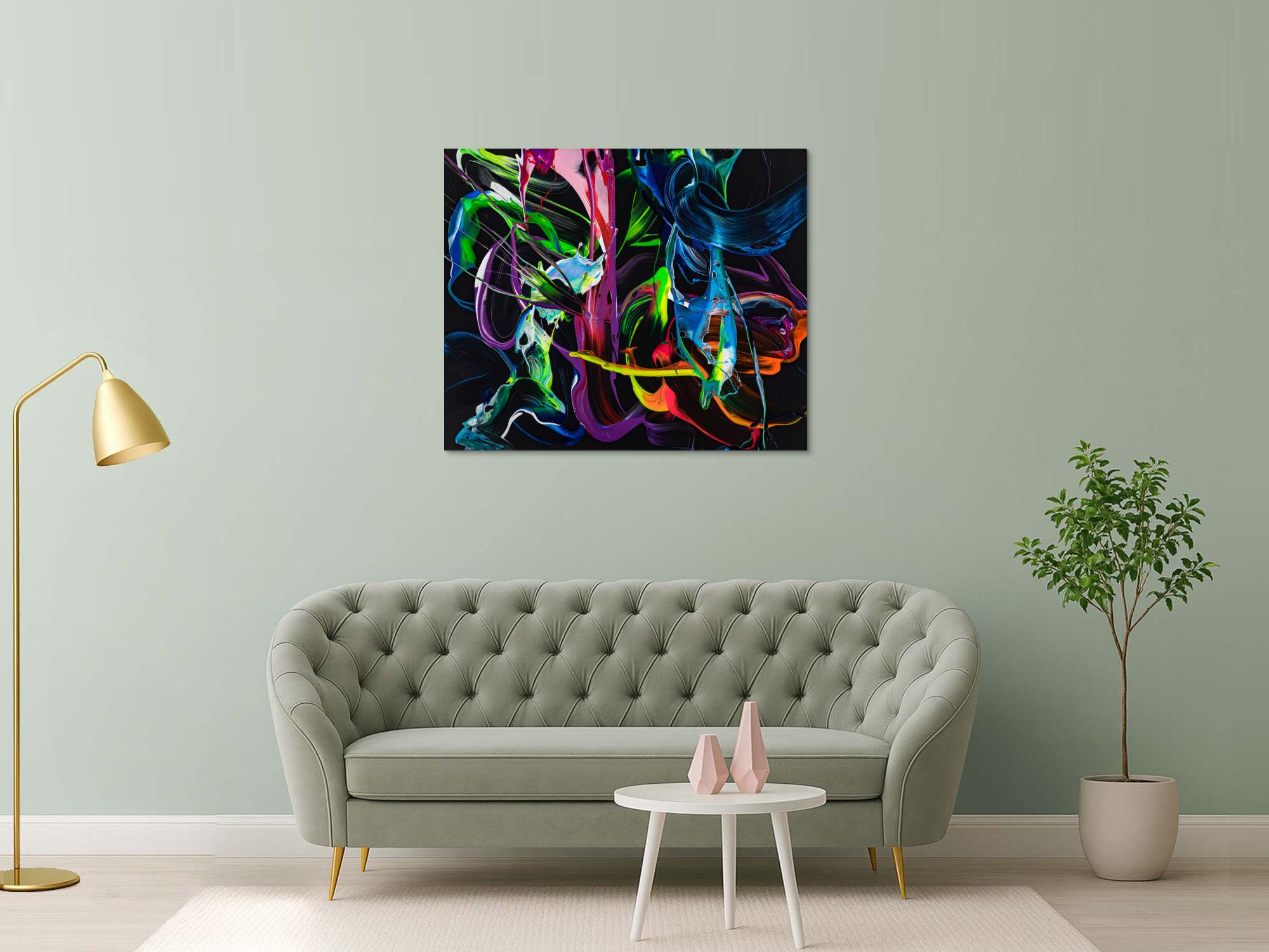 Gemälde Original abstrakt 100x120cm Action Painting Modern Art handgefertigt Fluid Painting schwarz bunt blau Einzelstück