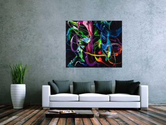 Gemälde Original abstrakt 100x120cm Action Painting Modern Art handgefertigt Fluid Painting schwarz bunt blau Einzelstück