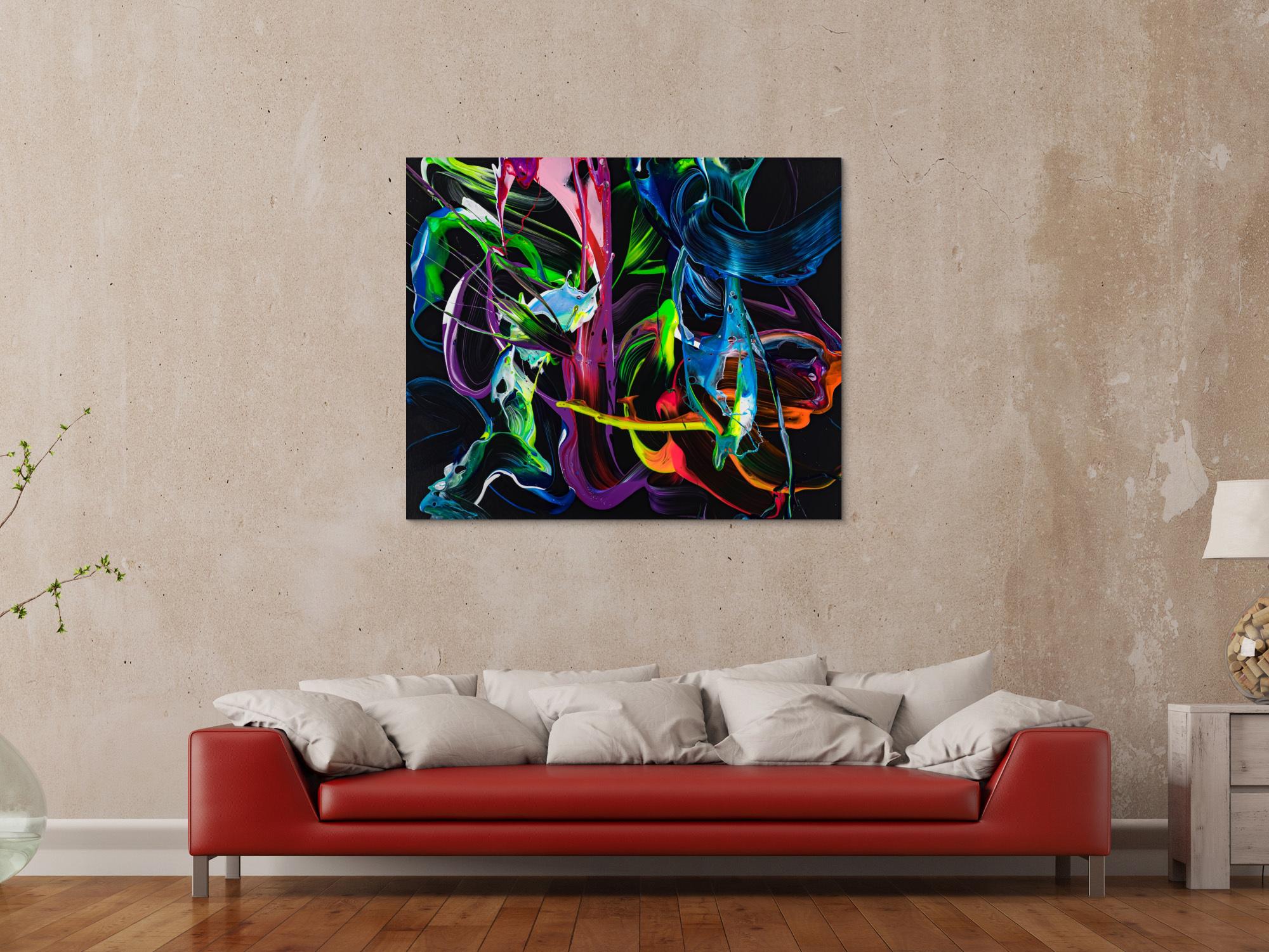 Gemälde Original abstrakt 100x120cm Action Painting Modern Art handgefertigt Fluid Painting schwarz bunt blau Einzelstück