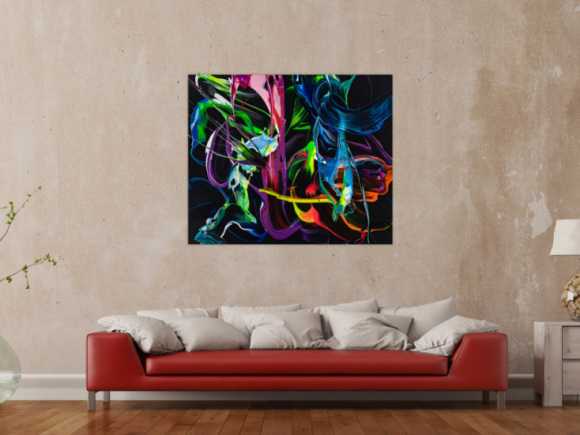 Gemälde Original abstrakt 100x120cm Action Painting Modern Art handgefertigt Fluid Painting schwarz bunt blau Einzelstück