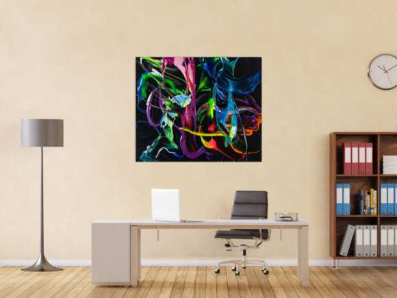 Gemälde Original abstrakt 100x120cm Action Painting Modern Art handgefertigt Fluid Painting schwarz bunt blau Einzelstück