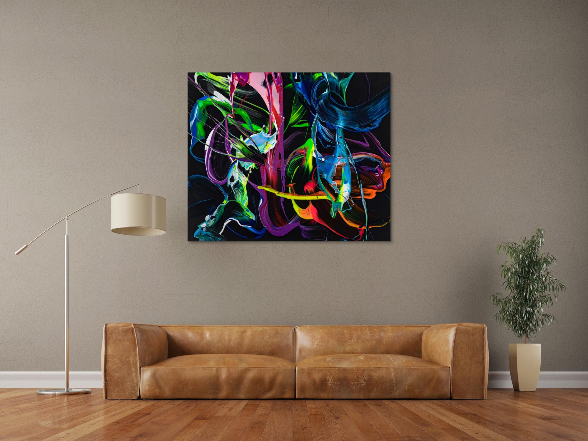 Gemälde Original abstrakt 100x120cm Action Painting Modern Art handgefertigt Fluid Painting schwarz bunt blau Einzelstück