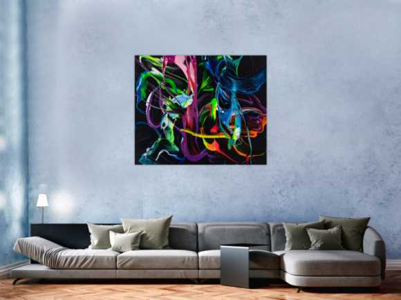 Gemälde Original abstrakt 100x120cm Action Painting Modern Art handgefertigt Fluid Painting schwarz bunt blau Einzelstück
