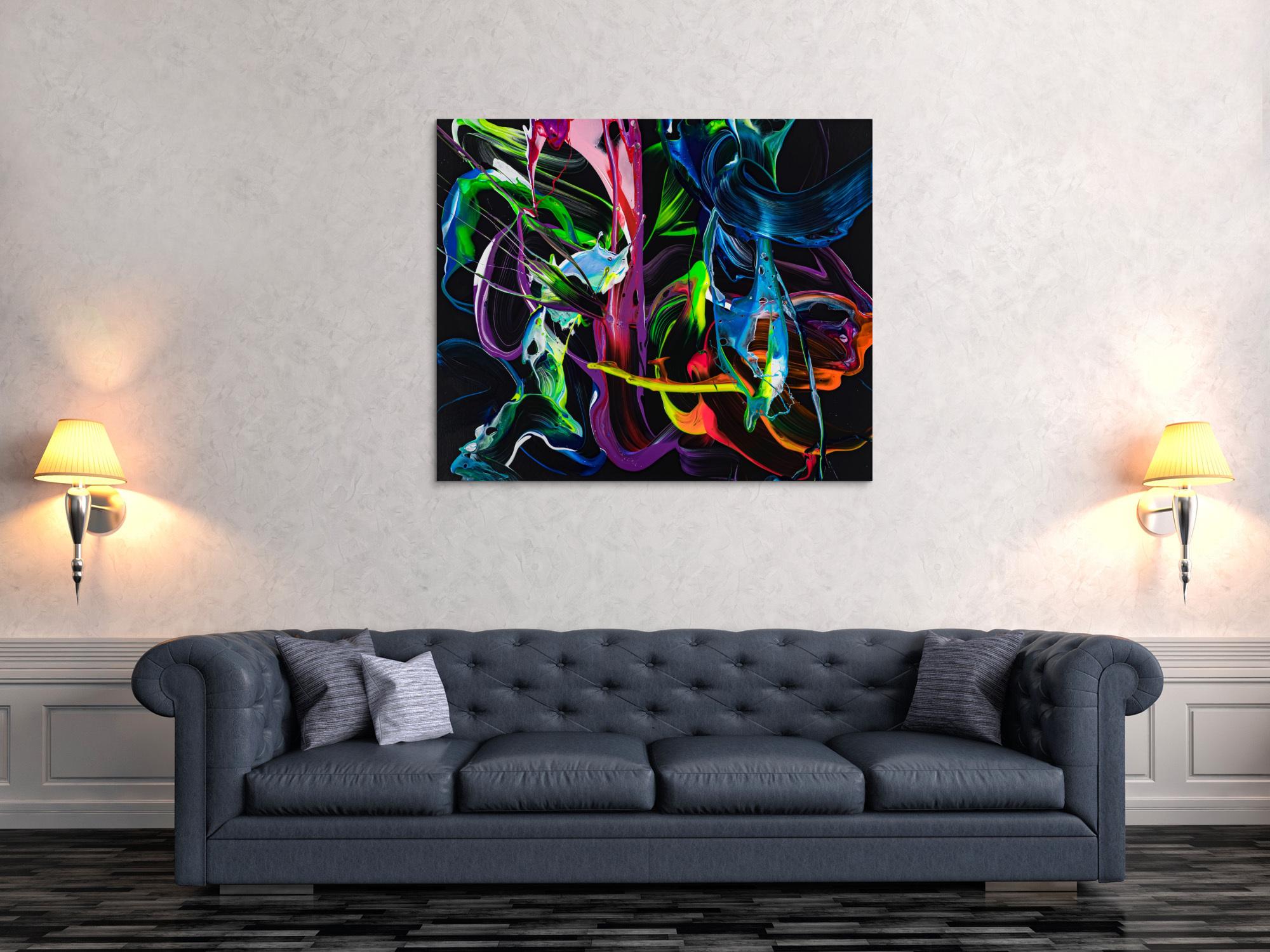 Gemälde Original abstrakt 100x120cm Action Painting Modern Art handgefertigt Fluid Painting schwarz bunt blau Einzelstück