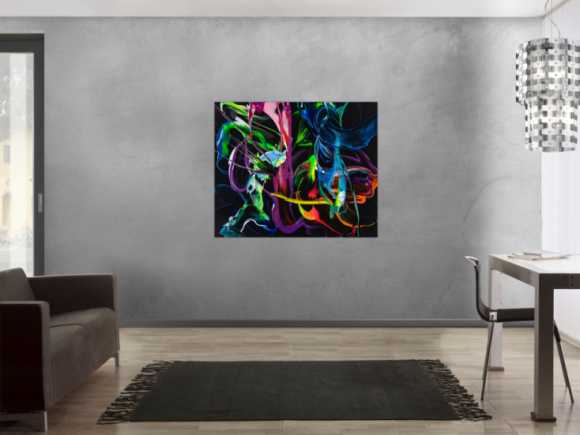 Gemälde Original abstrakt 100x120cm Action Painting Modern Art handgefertigt Fluid Painting schwarz bunt blau Einzelstück