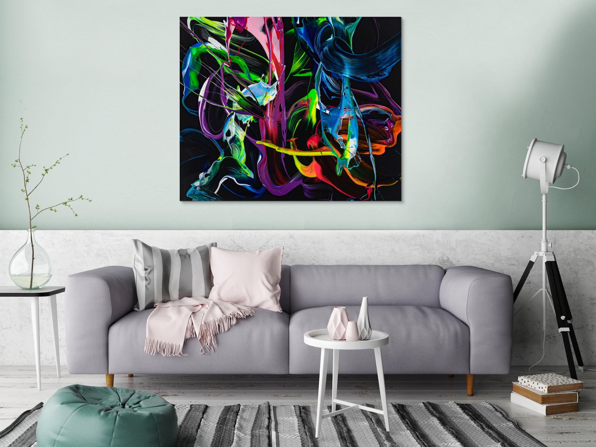 Gemälde Original abstrakt 100x120cm Action Painting Modern Art handgefertigt Fluid Painting schwarz bunt blau Einzelstück