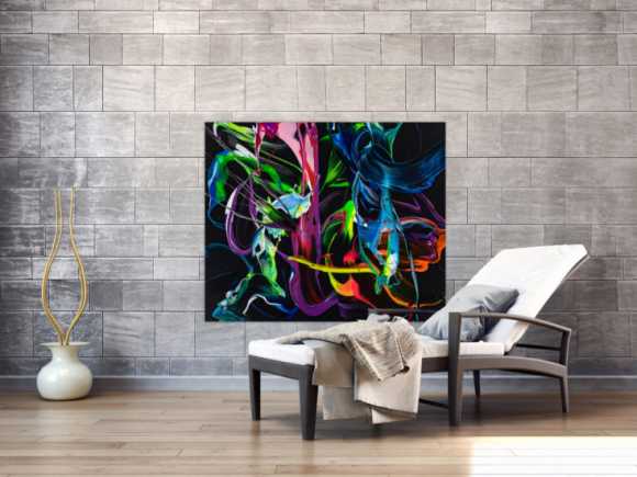 Gemälde Original abstrakt 100x120cm Action Painting Modern Art handgefertigt Fluid Painting schwarz bunt blau Einzelstück