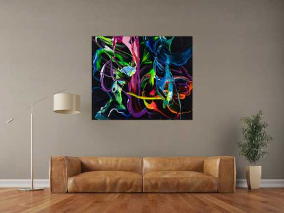 Gemälde Original abstrakt 100x120cm Action Painting Modern Art handgefertigt Fluid Painting schwarz bunt blau Einzelstück