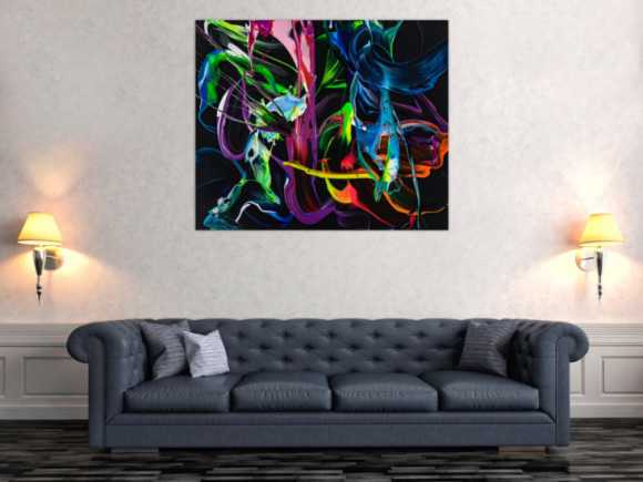 Gemälde Original abstrakt 100x120cm Action Painting Modern Art handgefertigt Fluid Painting schwarz bunt blau Einzelstück