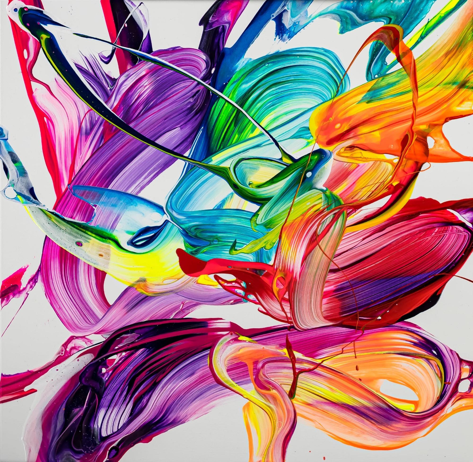 Gemälde Original abstrakt 80x80cm Action Painting zeitgenössisch handgefertigt Fluid Painting weiß bunt rot hochwertig