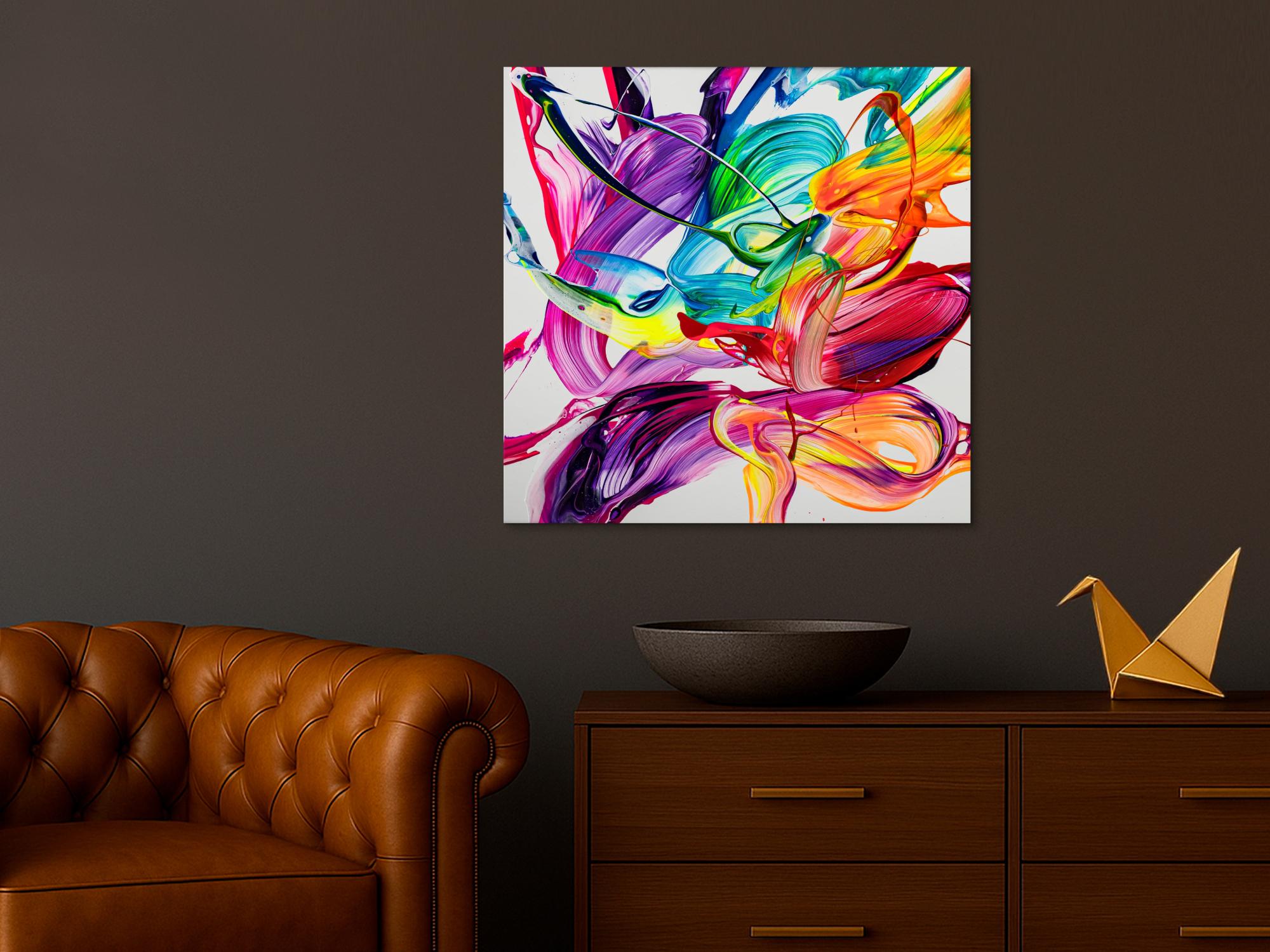 Gemälde Original abstrakt 80x80cm Action Painting zeitgenössisch handgefertigt Fluid Painting weiß bunt rot hochwertig