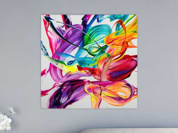 Gemälde Original abstrakt 80x80cm Action Painting zeitgenössisch handgefertigt Fluid Painting weiß bunt rot hochwertig