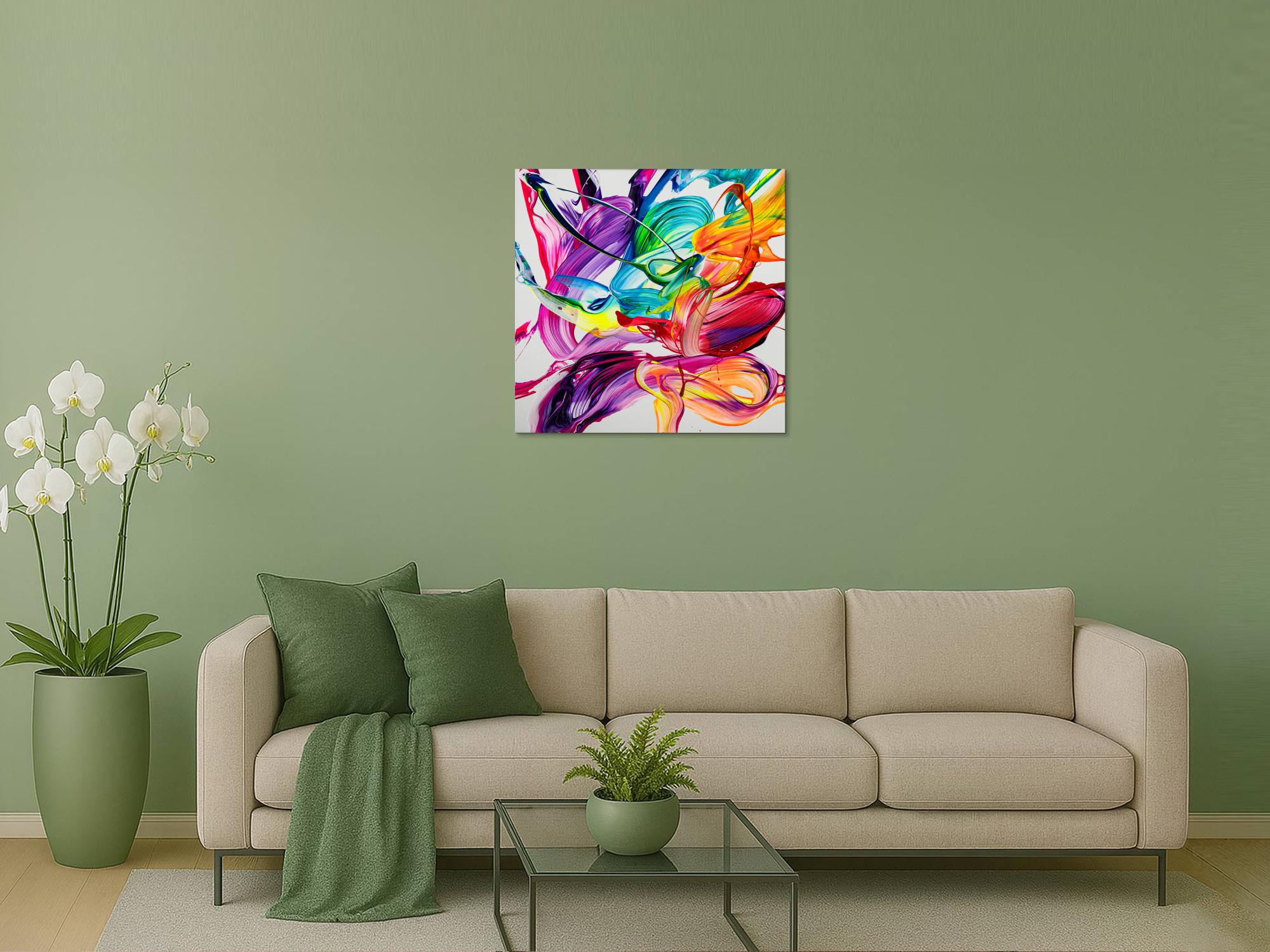 Gemälde Original abstrakt 80x80cm Action Painting zeitgenössisch handgefertigt Fluid Painting weiß bunt rot hochwertig