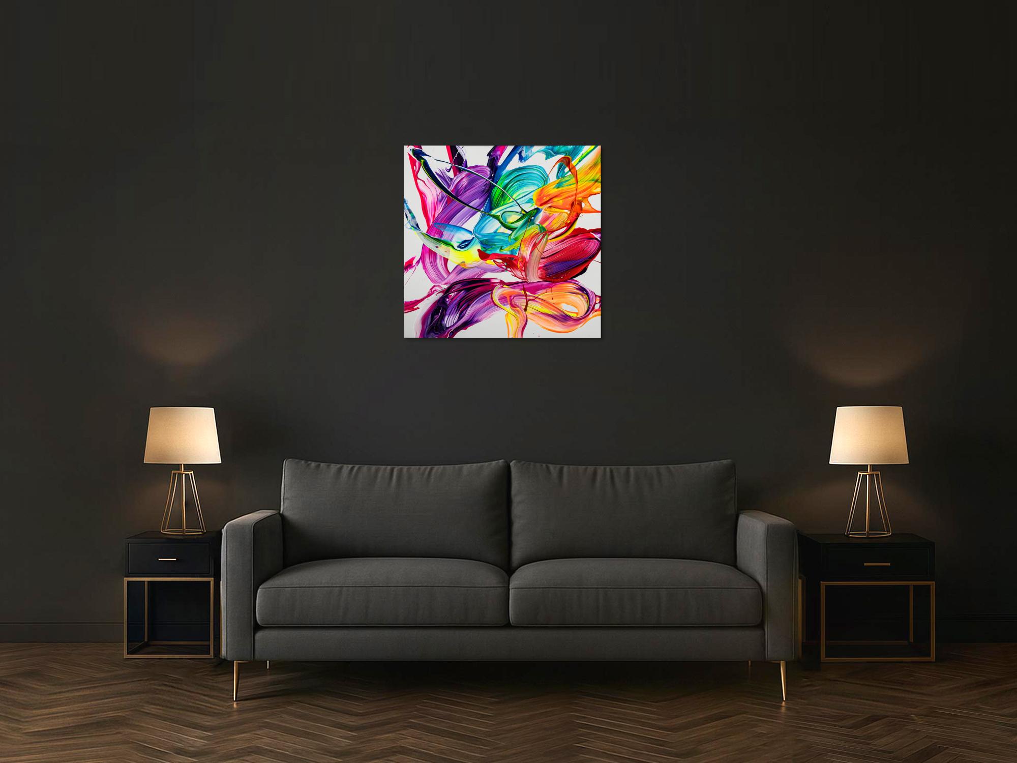 Gemälde Original abstrakt 80x80cm Action Painting zeitgenössisch handgefertigt Fluid Painting weiß bunt rot hochwertig