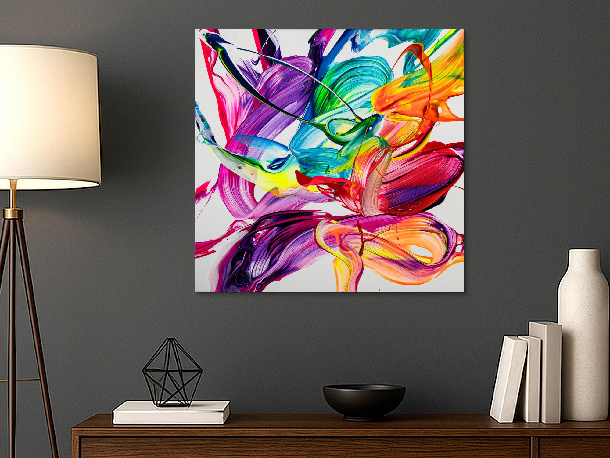 Gemälde Original abstrakt 80x80cm Action Painting zeitgenössisch handgefertigt Fluid Painting weiß bunt rot hochwertig