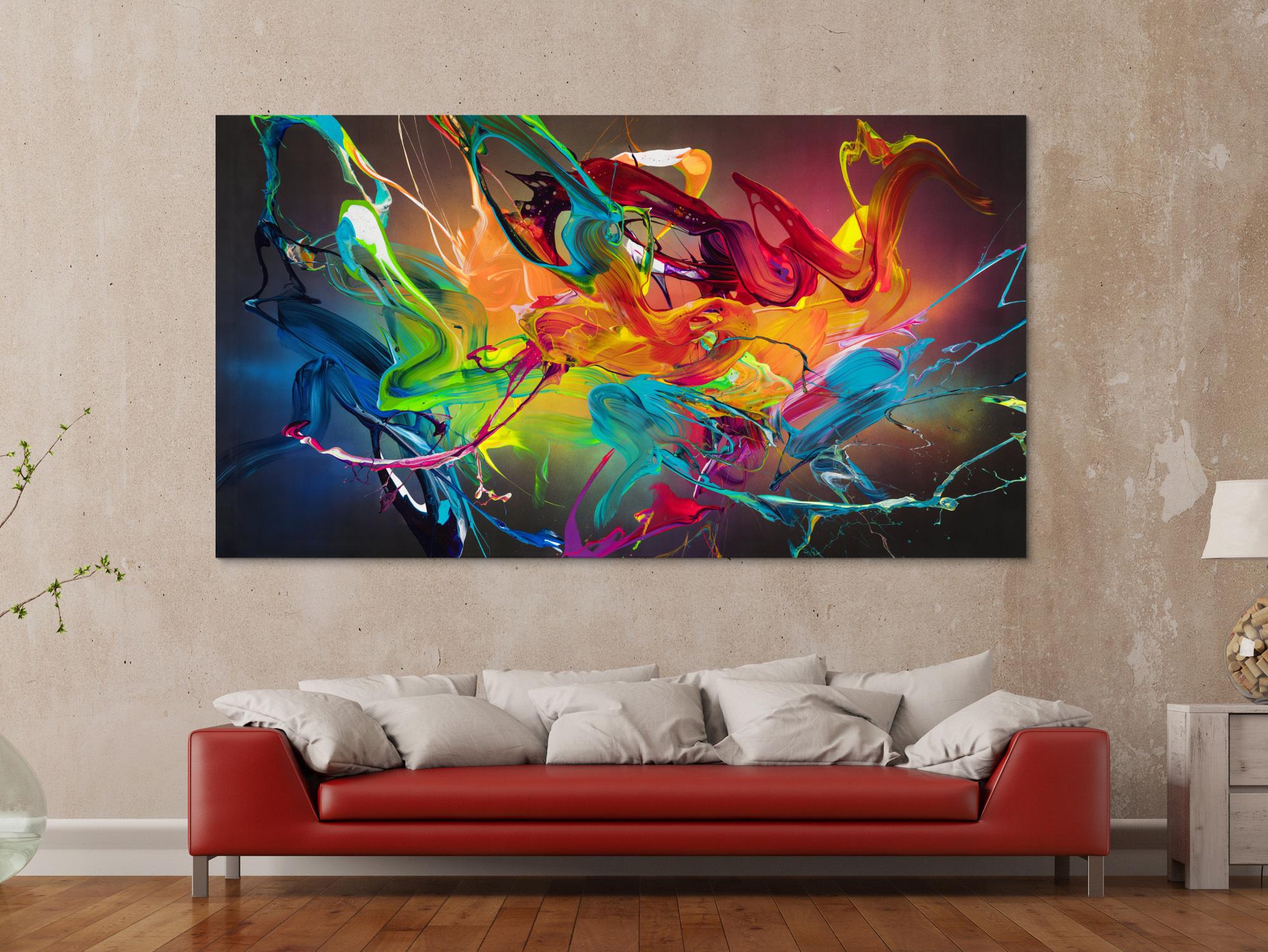 Original Gemälde abstrakt 120x220cm Action Painting expressionistisch handgefertigt Mischtechnik schwarz bunt orange hochwertig