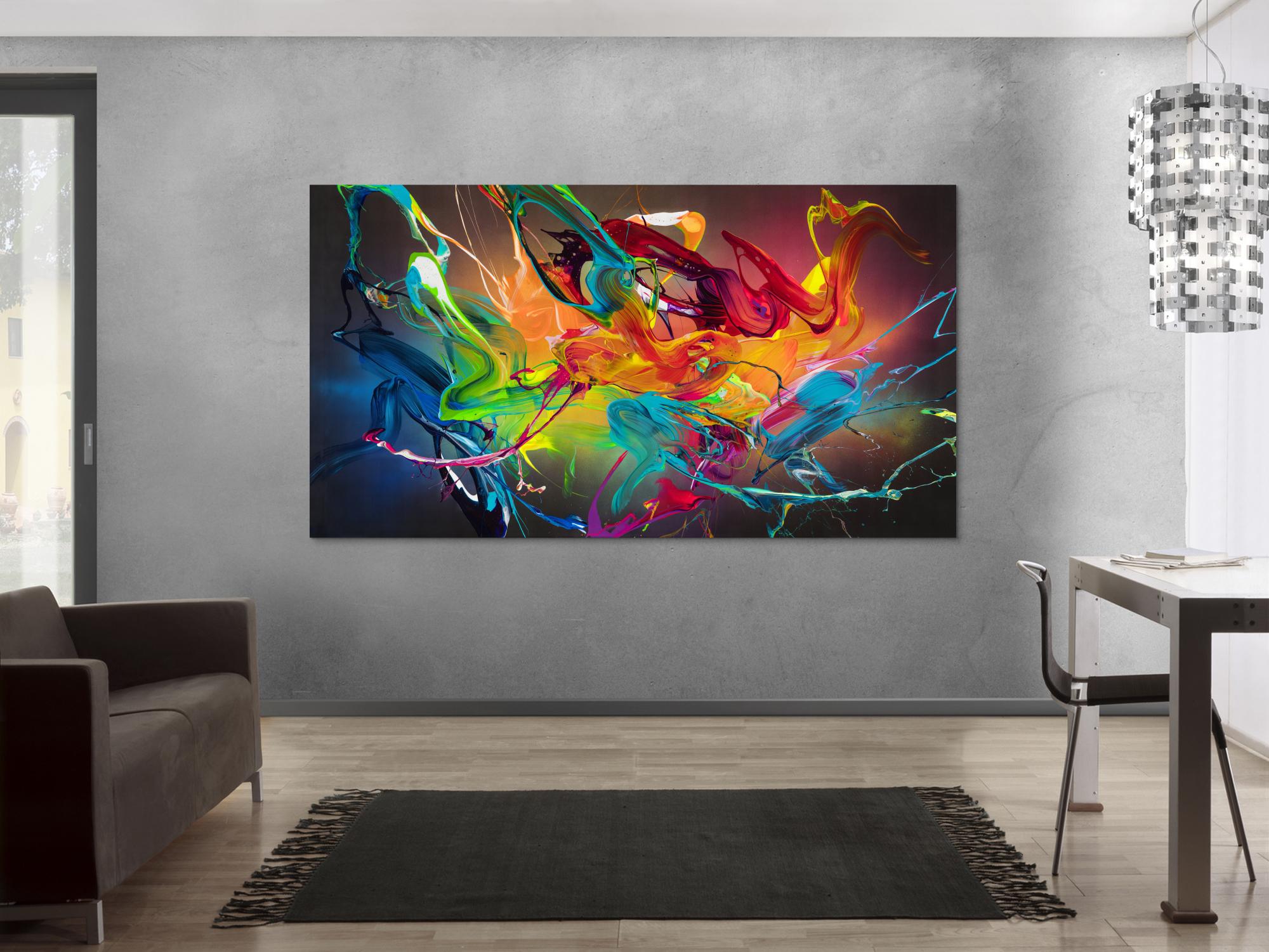 Original Gemälde abstrakt 120x220cm Action Painting expressionistisch handgefertigt Mischtechnik schwarz bunt orange hochwertig