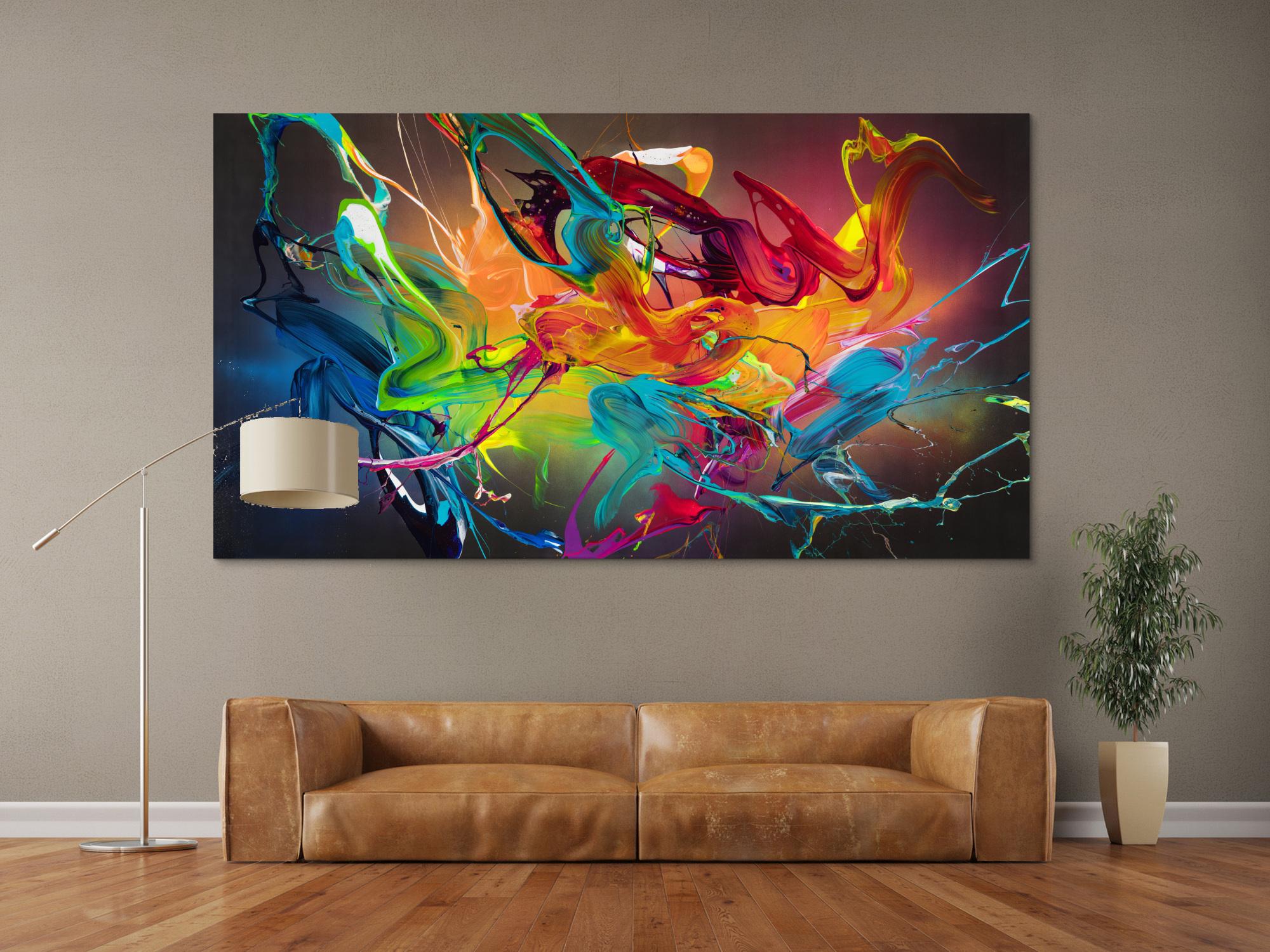 Original Gemälde abstrakt 120x220cm Action Painting expressionistisch handgefertigt Mischtechnik schwarz bunt orange hochwertig