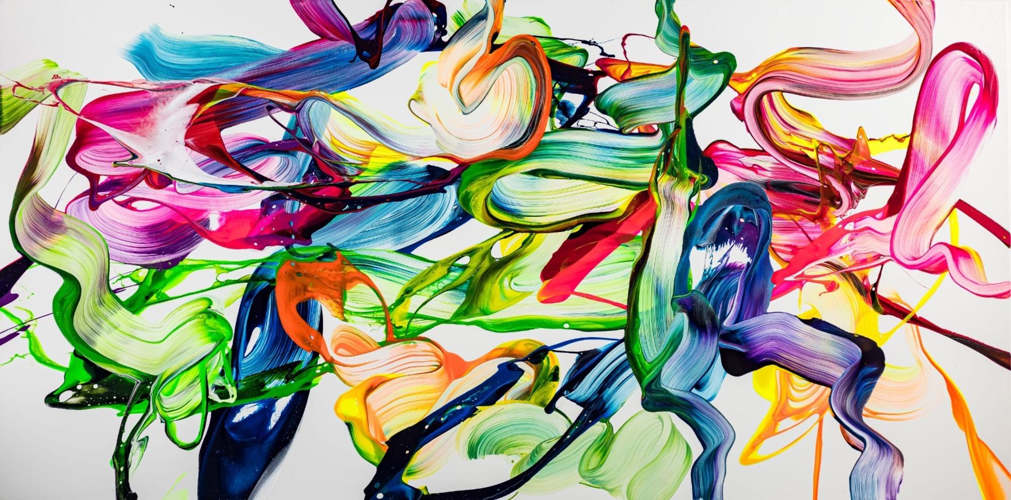 Großformatiges Fluid Painting 200x100cm in Weiß &amp; Bunt - Modernes Splash Art Original