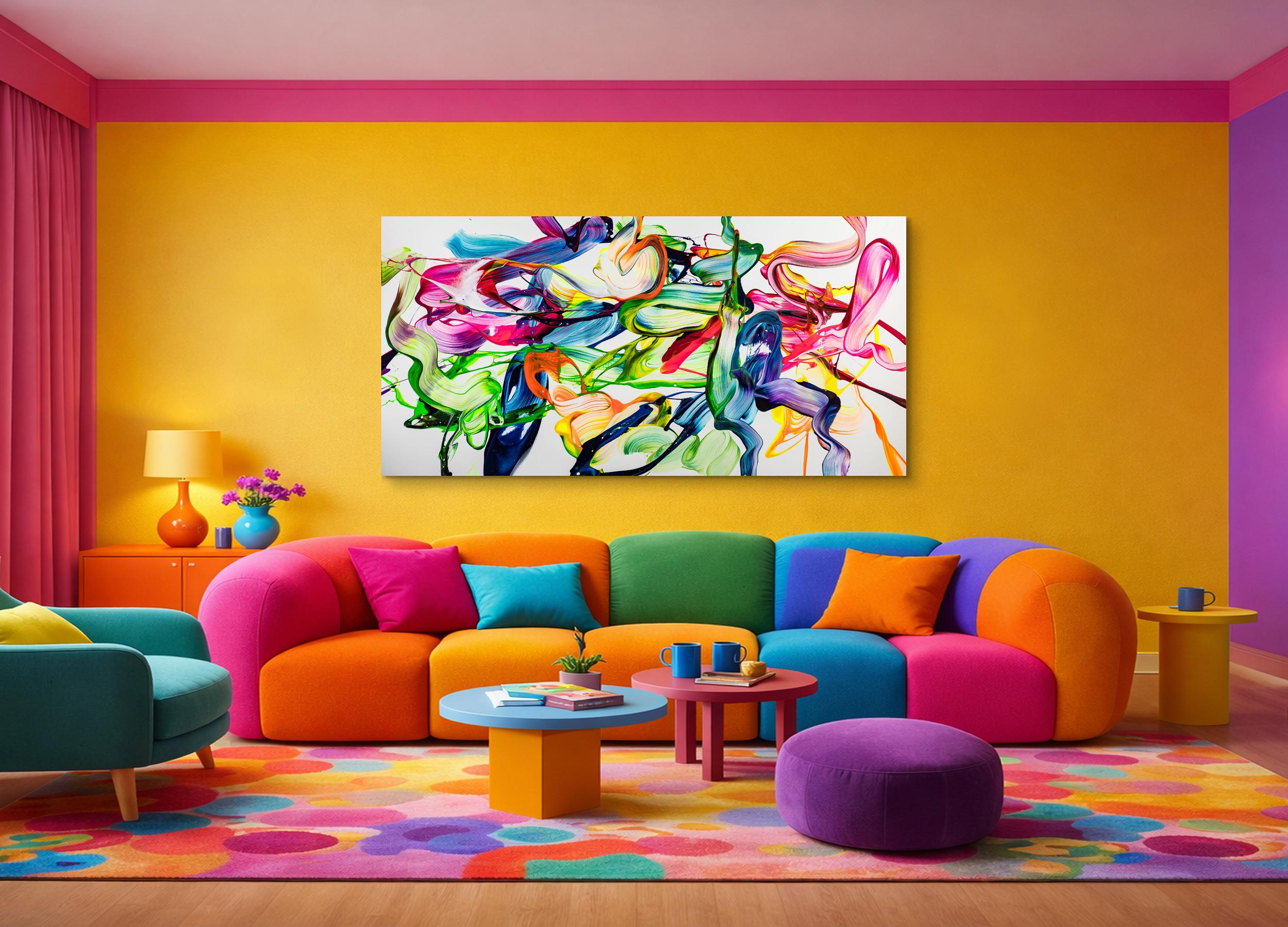 Großformatiges Fluid Painting 200x100cm in Weiß & Bunt - Modernes Splash Art Original