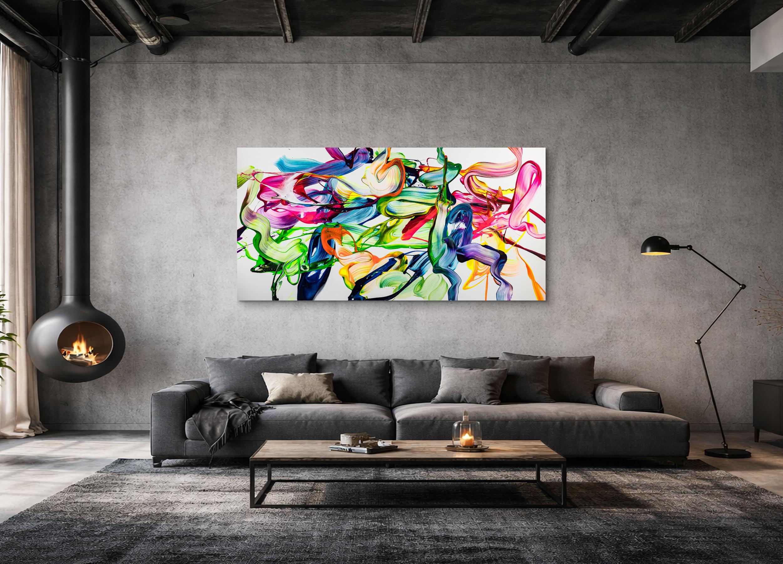 Großformatiges Fluid Painting 200x100cm in Weiß & Bunt - Modernes Splash Art Original