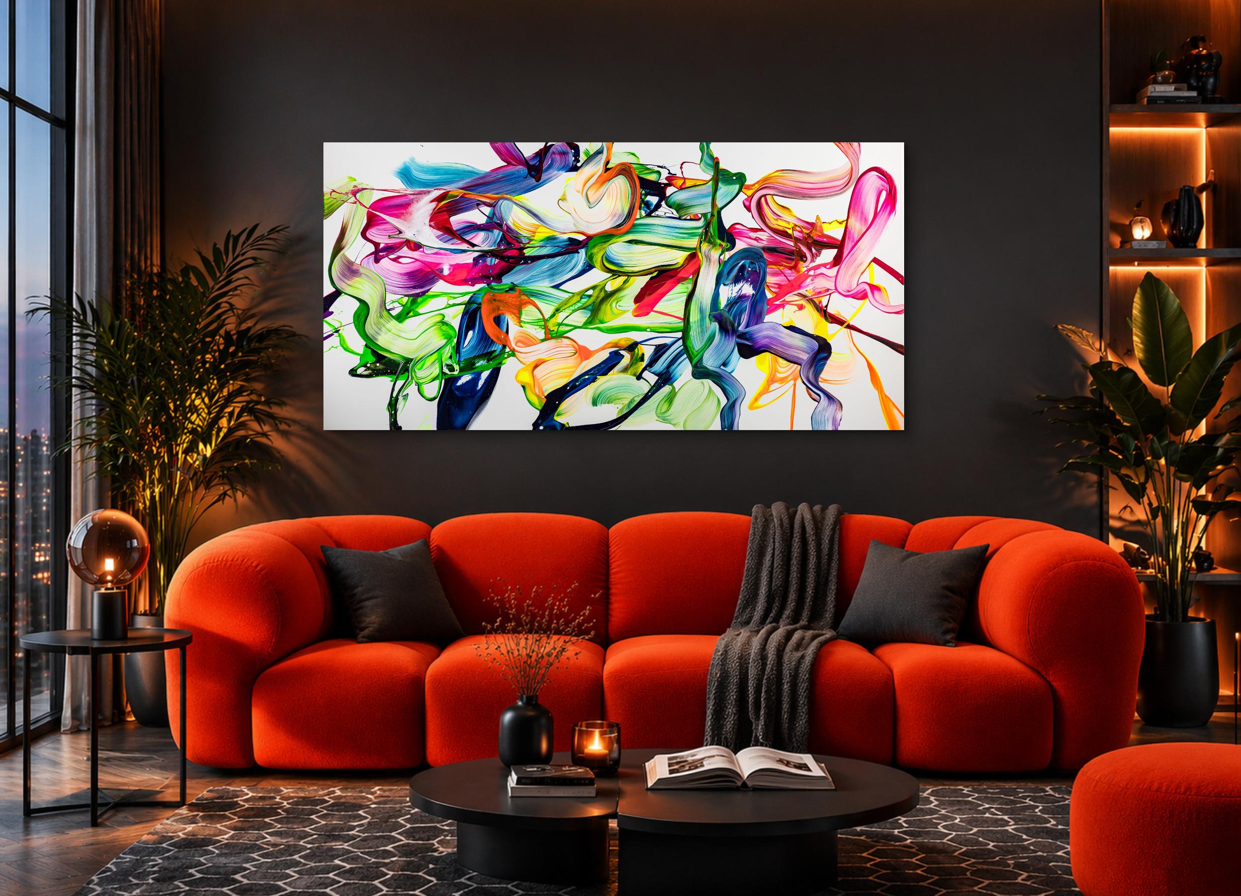 Großformatiges Fluid Painting 200x100cm in Weiß & Bunt - Modernes Splash Art Original