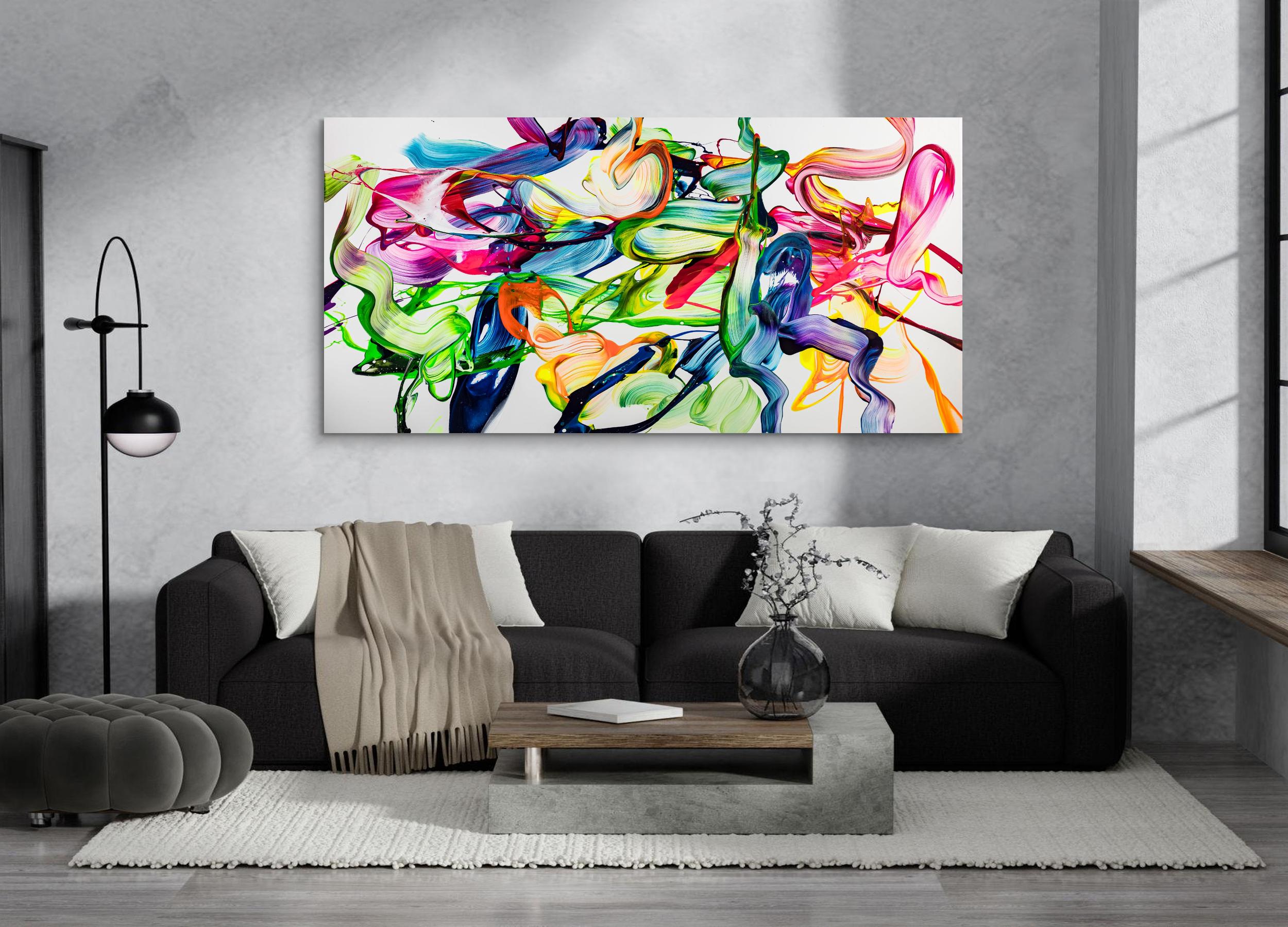 Großformatiges Fluid Painting 200x100cm in Weiß & Bunt - Modernes Splash Art Original