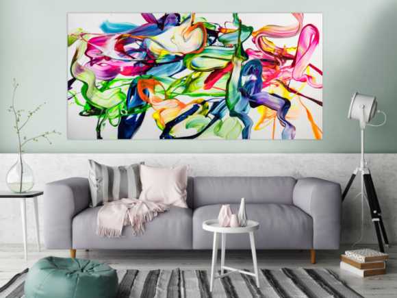 Abstraktes Original Gemälde 100x200cm Spachteltechnik Modern Art handgefertigt Action Painting weiß bunt hellgrün Einzelstück